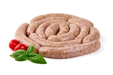 Spiral barbecue sausages, BBQ, isolated on white background.