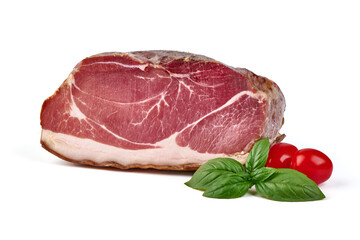 Italian prosciutto crudo or spanish jamon. Jerked meat, isolated on white background. High resolution image.