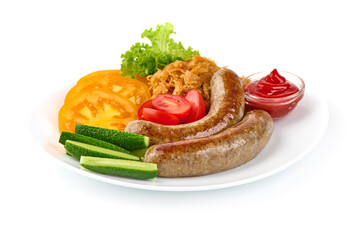 Grilled Munich Sausages, close-up, isolated on white background.