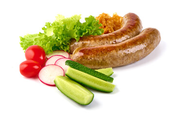 Grilled German Pork Sausages, munich sausage, isolated on white background.