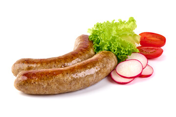Grilled German Pork Sausages, munich sausage, isolated on white background.