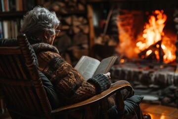 An elderly Caucasian woman reading a book by a warm fireplace, wrapped in a cozy sweater.