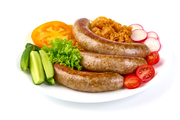 Grilled German Pork Sausages, munich sausage, isolated on white background.