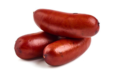 Grilled pork sausages, isolated on white background.