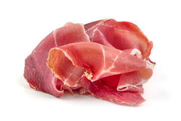 Italian prosciutto crudo or spanish jamon. Jerked meat, isolated on white background.