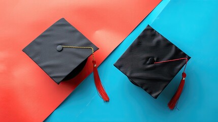 Two graduation caps with red tassels on a blue background