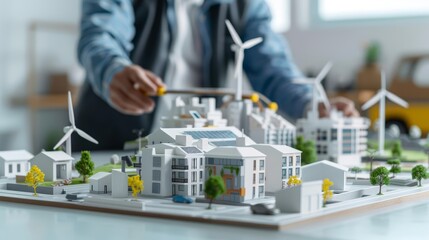 Photo realistic engineer examining a model of a futuristic city with integrated solar panels and wind turbines, Engineer, Renewable Energy Solutions