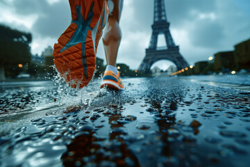 Feet of a runner in Paris with the Eiffel tower in the background. Olympic games athletics track and field race marathon athlete.