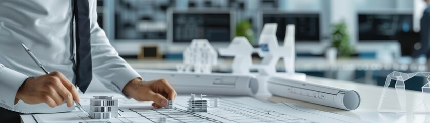 Photo realistic architect examining futuristic blueprints with 3D models in the background, Architect, Innovative Design