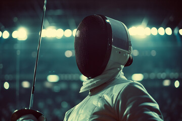 A fencer with a helmet and a foil in a stadium.