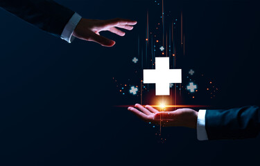 Businessman touching to plus sign for positive sign such as more benefit thinking and mindset...