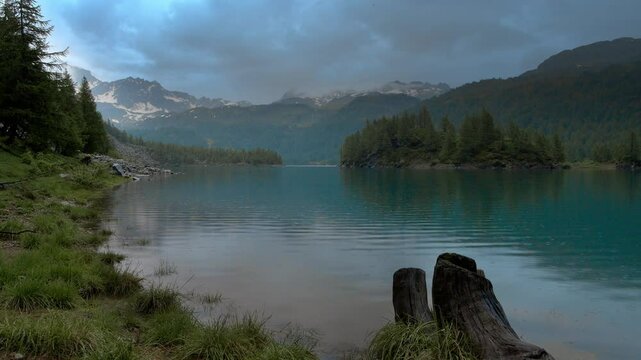 Magical atmosphere during a rainy day on Lake Devero