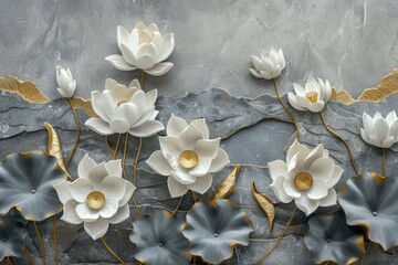 Fototapeta premium Elegant 3D floral design with gold and white flowers on a gray stone background. Luxurious and decorative artwork. Beautiful pattern of leaves and blossoms, perfect for wallpapers or cards.