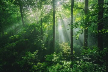 Fototapeta premium Tranquil Green Forest Bathed in Sunlight, Creating a Magical Atmosphere
