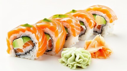 A vibrant sushi roll with salmon, avocado, and cream cheese, presented with a small dollop of wasabi on the side, on a white background. 