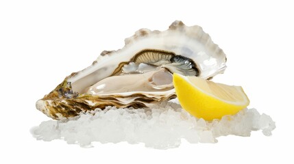 Naklejka premium A freshly shucked oyster with a lemon wedge on the side, set on a bed of crushed ice, isolated on a white background. 
