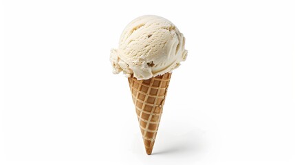 A single scoop of vanilla bean ice cream in a waffle cone, standing upright, on a white background with a slight shadow beneath. 