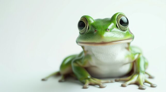 cute green frog is sitting on white background. AI generated image