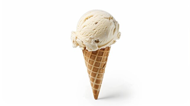 A single scoop of vanilla bean ice cream in a waffle cone, standing upright, on a white background with a slight shadow beneath.