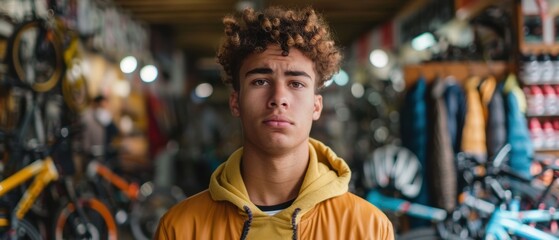 Confused Young Adult Examining Bicycle Options in a Bike Shop