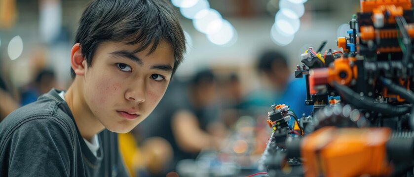 Teenager Feeling Uncertain at Robotics Competition, Assembling Robot Amongst Peers and Tools
