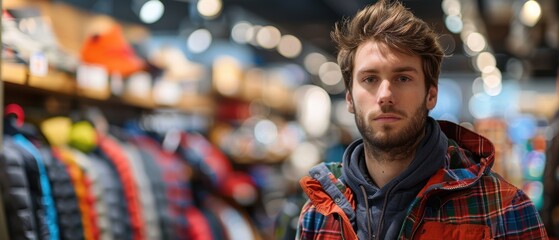 Fototapeta premium Confused Man Choosing Sporting Equipment in a Sports Store with Various Racks and Displays Around