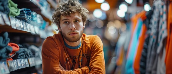 Obraz premium Confused Man Shopping for Sporting Equipment in a Sports Store, Surrounded by Racks and Displays