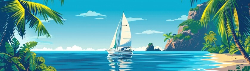 A sailboat is sailing in the ocean near a beach. The sky is cloudy and the water is calm