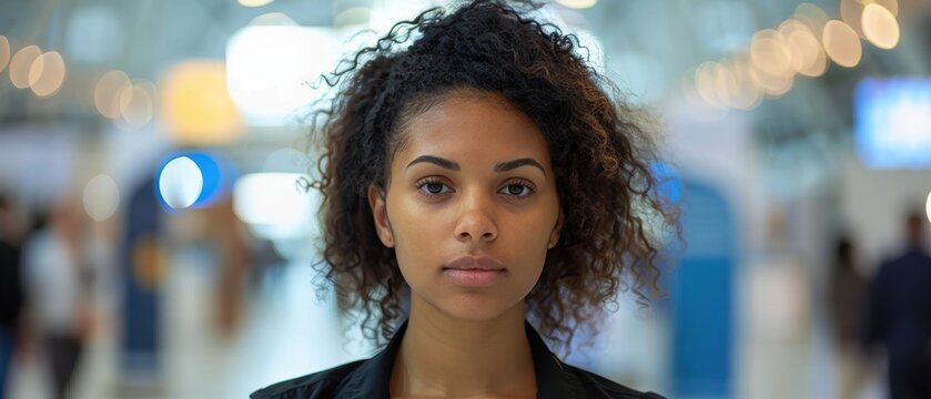 Young Woman Confused at Career Fair, Navigating Booths and Banners