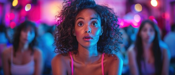 Uncertainty at Dance Audition - Anxious woman performing on stage as judges watch her closely at auditions.