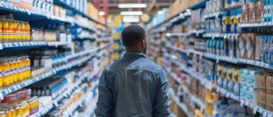 Confused shopper browsing DIY home improvement store aisles for materials and products