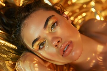 Radiant Beauty A woman adorned in golden makeup in a luxurious setting exudes elegance and glamour. This editorial highlights fashion, beauty, and luxury, captivating with alluring and chic elements