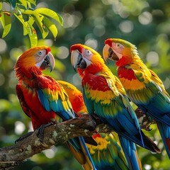 Obraz premium A joyful photograph of a group of colorful parrots perched on a tree branch, capturing their vibrant feathers and their animated interactions with one another.