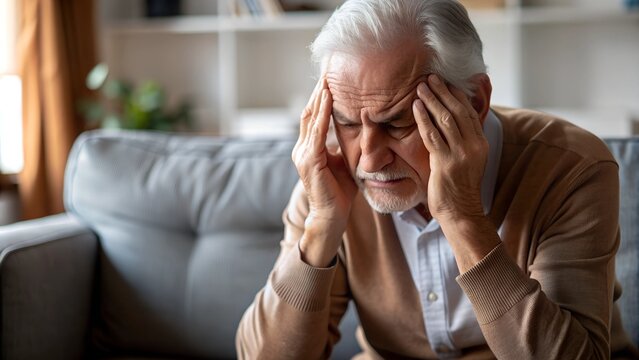 Elderly man with Headache. Managing Stress. An elderly man sitting on a sofa, holding his head in pain - Powered by Adobe