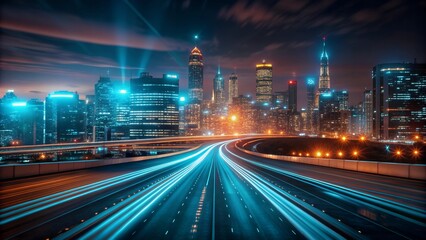 Futuristic Digital Highway. Digital Pathways. A glowing digital highway leading to a futuristic cityscape