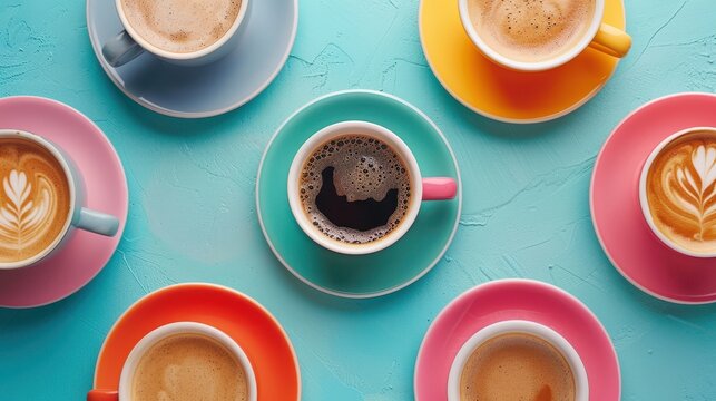 A row of colorful coffee cups with a single cup of coffee in the middle. The cups are arranged in a way that they are all facing the same direction, creating a sense of unity and harmony