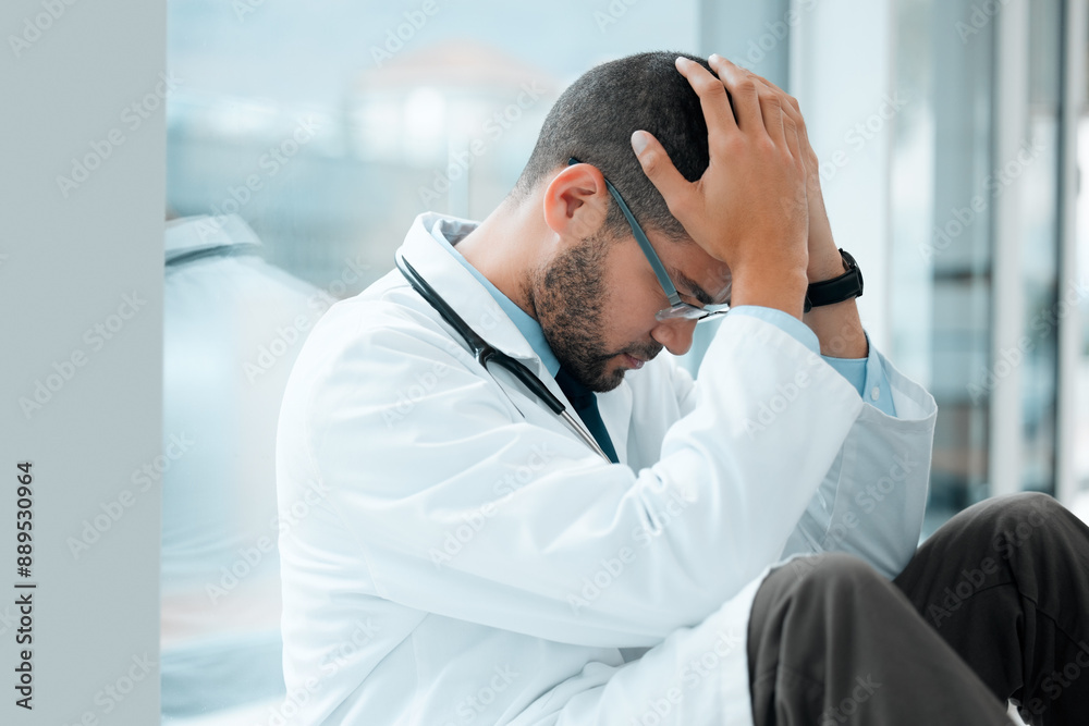 Wall mural Doctor, stress and depression in hospital with sad news for healthcare crisis, mistake and medical fail. Man, headache and mental health with pain for burnout, anxiety and work schedule in clinic