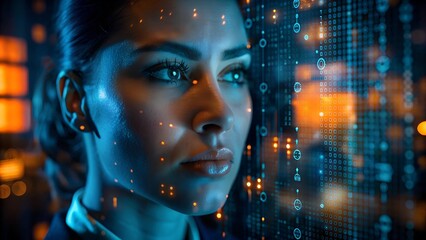 Woman with Digital Overlay. Digital Identity. A close-up of a woman's face with digital data projected over her. copy space
