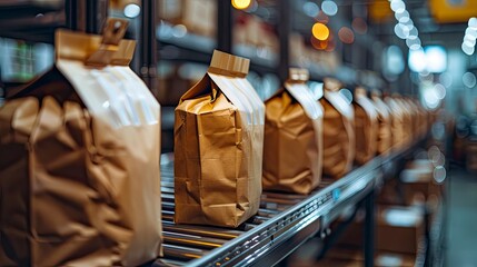 Naklejka premium A close-up of eco-friendly packaging materials being used in a modern manufacturing plant.