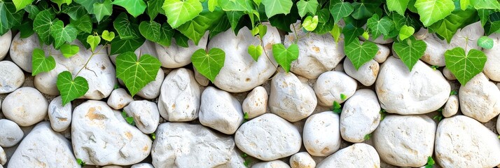 White stones wall with green leaves on top, creating a natural and fresh border, perfect for backgrounds or nature-themed projects.