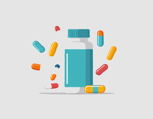 Vector bottle with pills and capsules isolated on white background. Medical drug icon. Illustration in cartoon flat style