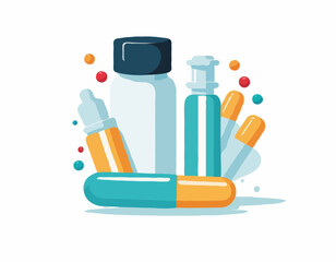 Vector bottle with pills and capsules isolated on white background. Medical drug icon. Illustration in cartoon flat style