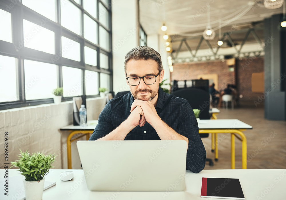 Poster business, thinking and man with laptop, solution and startup with connection, planning and project. 