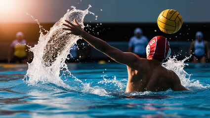 Water polo player reaching the ball in swimming pool