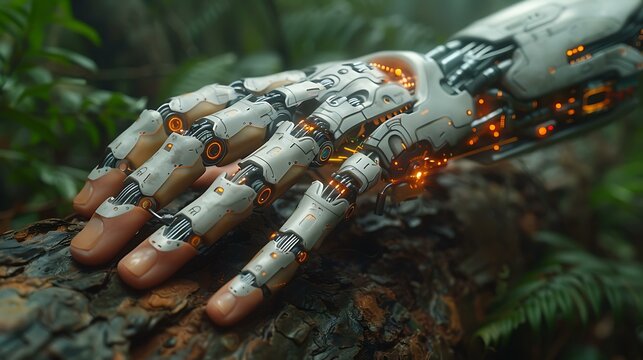 Bionic hand with exposed circuitry reaching towards a human hand