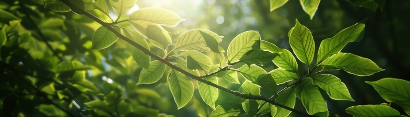 Sunlight filtering through lush green leaves, capturing nature's serene beauty in a vibrant forest setting with fresh greenery.