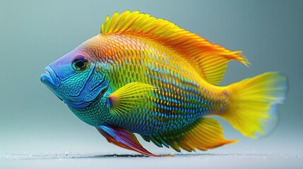 Fototapeta premium A close-up photograph of a colorful tropical fish, showcasing its vivid hues of blue, yellow, and green, set against a plain white background.