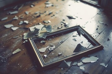 Naklejka premium A broken picture frame lies on a wooden floor surrounded by shattered glass, indicating a moment of chaos or an accident.