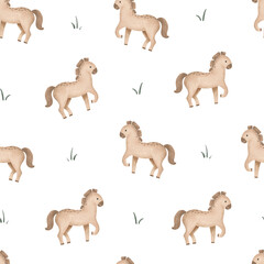 Seamless pattern with cartoon animal and grass. Hand drawn illustration of beige brown cute horse on isolated background. Minimalist scandinavian repeat pattern. Rural farm animals.