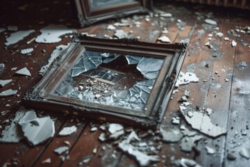 Broken mirror frame on wooden floor surrounded by shattered glass, depicting damage and mess in an abandoned or neglected space.